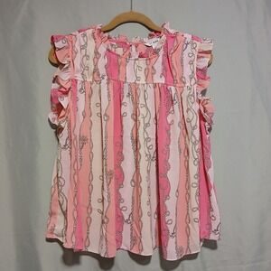 77 Park‎ Pink Nautical Rope Print Sleeveless Ruffle Blouse Top - L